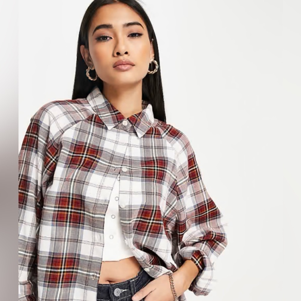 ASOS DESIGN long sleeve boyfriend shirt in dark red and white check